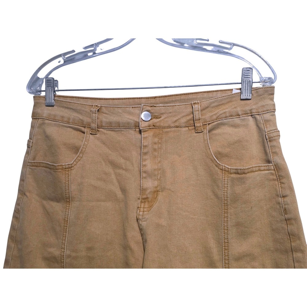 Tan High Waisted Wide Leg Ruffle Hem Cropped Pants Womens Size L Camel Boho - Picture 3 of 9